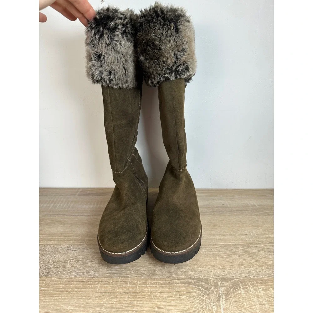 Bos & Co. Olive Green Suede Faux Fur Trim Lace Up Back Winter Boots Size 39